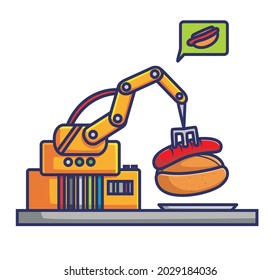robot tongs machine making hotdog. flat cartoon style illustration icon premium vector logo mascot suitable for web design banner character
