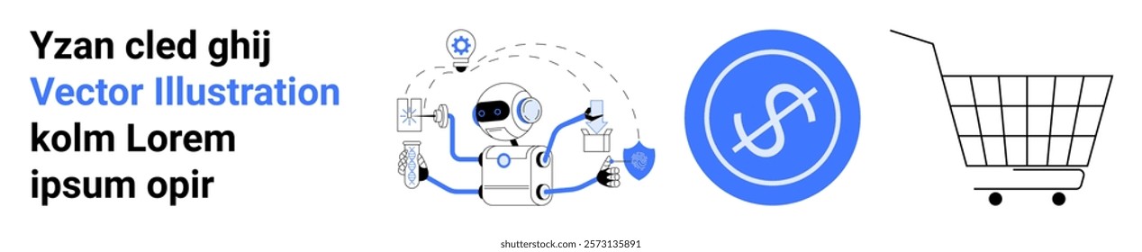 Robot with tools around, blue currency symbol and shopping cart. Ideal for technology, e-commerce, digital security, finance and artificial intelligence. Banner for landing page