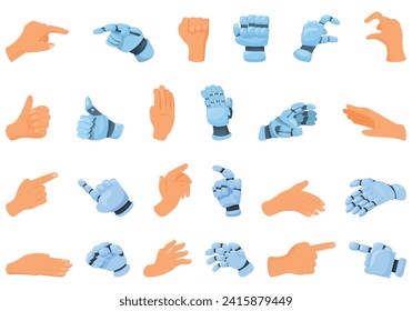 Robot touch human icons set cartoon vector. Cyborg finger. Connection science