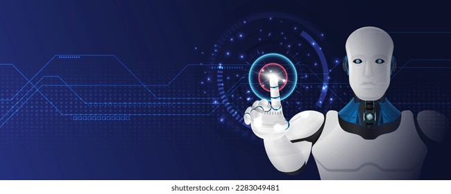 The robot touches virtual user interface. Artificial Intelligence(AI) digital futuristic technology background. Machine learning technology concept.