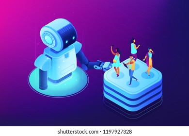 Robot touching server with users with mobile gadgets on it. Social media automation tools, marketing automation, social media management concept. Ultraviolet neon vector isometric 3D illustration.