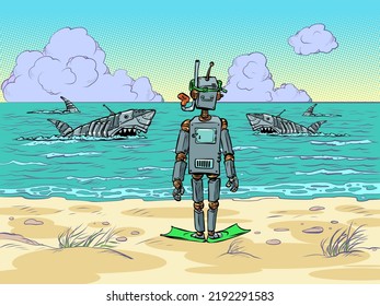 Robot tourist on the seashore. Mechanical dangerous sharks swim in the ocean