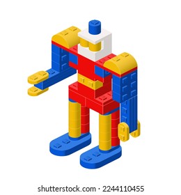 Robot, juguete ensamblado a partir de bloques de plástico y ladrillos isométricos. círculo vectorial