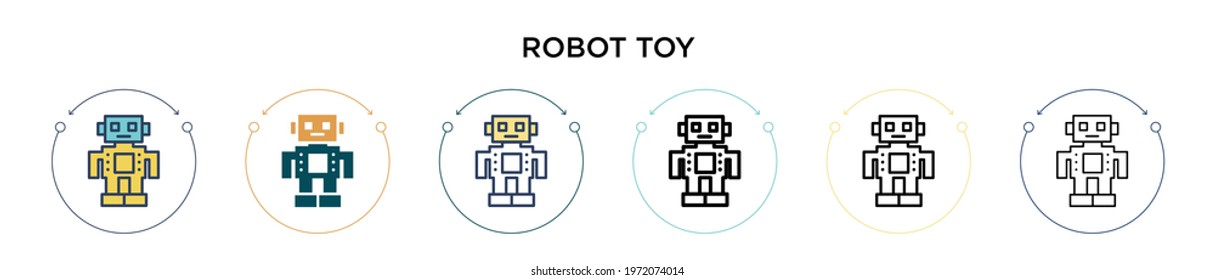 Robot toy icon in filled, thin line, outline and stroke style. Vector illustration of two colored and black robot toy vector icons designs can be used for mobile, ui, web