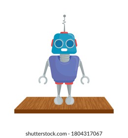 robot toy icon, on wooden table vector illustration design