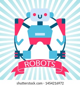 Robot toy vector illustration with banner on retro blue stripped background. Chatbot icon. Customer robotics support service in vintage style