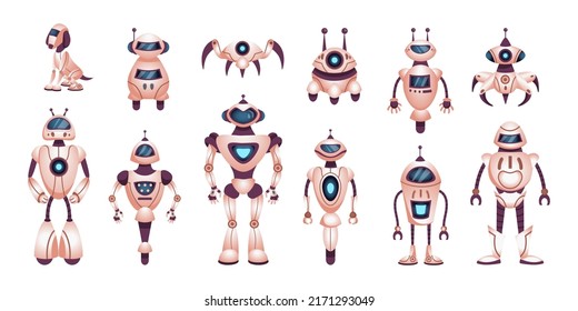 Juguetes robots. Diversos personajes androideos, un lindo asistente de tecnología ai, juego infantil futurista. Humanoides, drones y otros modelos. Bot moderno y agradable. Conjunto de vectores de dibujos animados