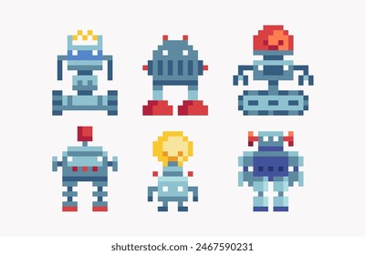 Robot toys pixel art set. Android bot cute collection. Futuristic mechanical cyborg 8 bit. Game development, mobile app. Isolated vector illustration. 