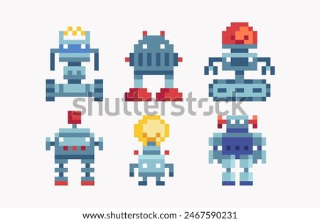 Robot toys pixel art set. Android bot cute collection. Futuristic mechanical cyborg 8 bit. Game development, mobile app. Isolated vector illustration. 