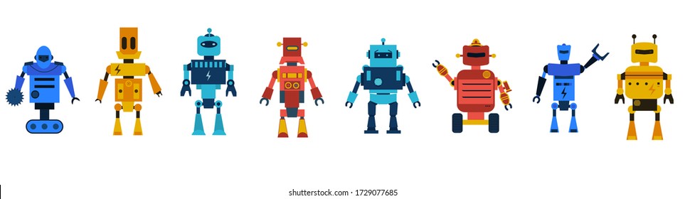 Robot toys vector characters set. Collection of cartoon robots, transformer and androids isolated on white background. Technology, the future. Vector illustration, eps 10.