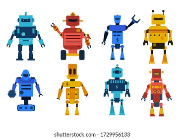 Robot toys vector characters set. Collection of cartoon robots, transformer and androids isolated on white background. Technology, the future. Vector illustration, eps 10.