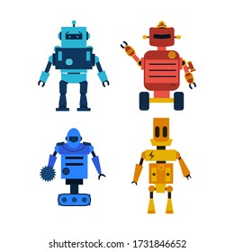 Robot toys vector characters set. Collection of cartoon robots, transformer and androids isolated on white background. Technology, the future. Vector illustration, eps 10.