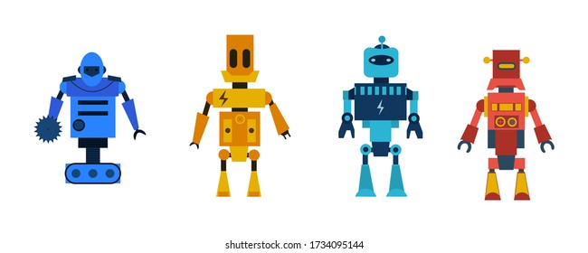 Robot toys vector characters set. Collection of cartoon robots, transformer and androids isolated on white background. Technology, the future. Vector illustration, eps 10.