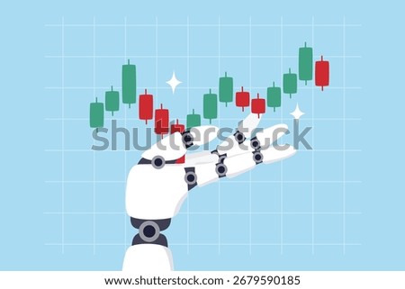 Robot trade high frequency trading in stock market, crypto or forex, algorithm trade, AI artificial intelligence, buy sell transaction, robot hand holding investment candle stick graph as trader.