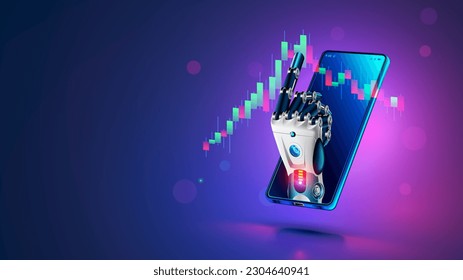 Robot trader. AI for automation trading on stock market. Hand robot point at candlestick graph on screen phone. Artificial intelligence trader. Artificial Neural network in App for Online trading.