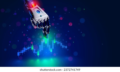 Robot trader. AI for automation trading on stock market. Hand robot point at candlestick graph on screen phone. Artificial intelligence trader. Artificial Neural network in App for Online trading.