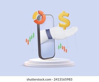 Robot trader. AI for automation trading on stock market 3D. Hand robot point at candlestick graph on screen phone. Artificial intelligence trader. Artificial Neural network in App for Online trading