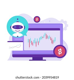 Robot trader assistant on stock market illustration design concept. Illustration for websites, landing pages, mobile applications, posters and banners.