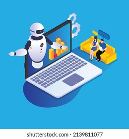 Robot trading on laptop computer isometric 3d vector illustration for banner, website, illustration, landing page, template, etc