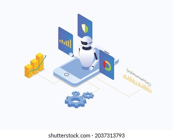 Robot trading on stock market from mobile phone. Isometric vector concepts