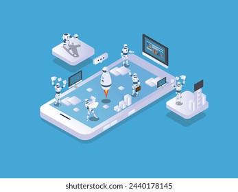 Robot trading on stock market from mobile phone 3d isometric vector illustration