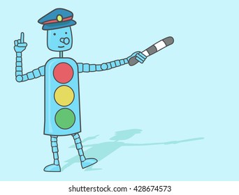 Robot traffic light shows the right way. Safety on the road. A clear sign for children. Observance of traffic rules.
