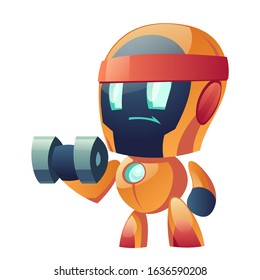 Robot train with dumbbell, cute chatbot with sport equipment pumping muscles on white background. Ai technology, cyborg sports assistant artificial intelligence mechanism. Cartoon vector illustration