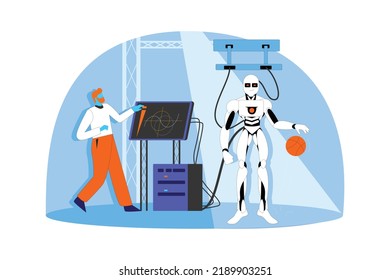 Robot training, program checking robot programing illustration concept vector art