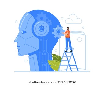 Robot Training, Robotics Engineering, Business Automatization Concept. Businessman Character Holding Cogwheel Stand near Huge Cyborg Head. Artificial Intelligence. Cartoon People Vector Illustration