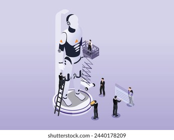 Formación de robots, Ingeniería robótica, Automatización de negocios 3d ilustración vectorial isométrica