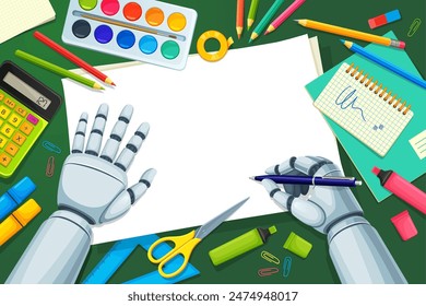 Entrenamiento de robots para escribir. Vector de tecnología y creatividad con dibujos animados cyborg apretones de mano un bolígrafo, listo para escribir en una hoja de papel en blanco, rodeado de acuarelas, tijeras, suministros creativos