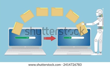Robot transferring files from other computer to his own. Dimension 16:9. Vector illustration.