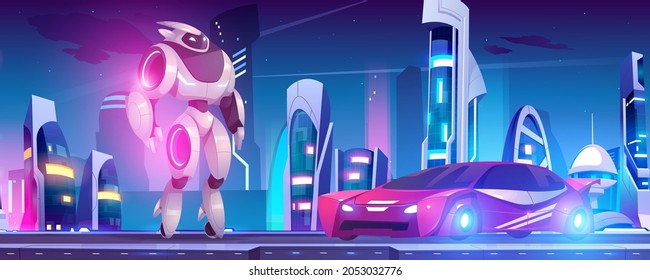 Robot transformers in form of android and car in futuristic city. Vector cartoon illustration of metal robotic hero transforming to red vehicle and cyborg on background of fantastic cityscape