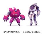 Robot transformers, robotics and artificial intelligence technologies cyborgs, military combat exoskeleton characters, battle alien cybernetic warriors on white background. Cartoon vector illustration
