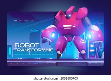 Banner transformador de robots con personaje de cyborg rojo en ciudad futurista. Página de aterrizaje de vectores con caricatura ilustrativa del transformador, héroe robótico metálico en el fondo del fantástico paisaje urbano