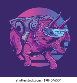 Robot Triceratops dinosaur on the background of the sun in the style of the 80s