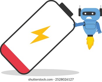 Robot tried to prevent a large battery from falling over it. Fight burnout at work. Intolerance to burnout syndrome. Recharge energy yourself.

