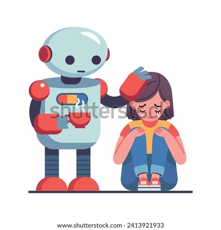 The robot tries to sooth and comfort the crying girl and gives her a cup of tea. Cartoon flat vector illustration.