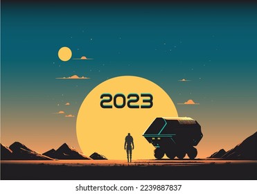A robot with a truck looking into the sunset 2023, digital art style, 