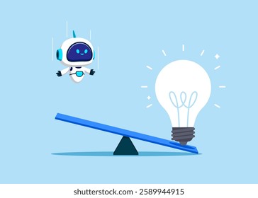 Robot try to fly high in the sky to get rising up light bulb  idea. Modern vector illustration in flat style