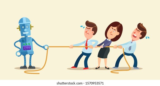 Robot tug of war with business people, employees. Superiority of artificial intelligence over human. Robot competitor vs human. Business vector illustration flat cartoon style. Isolated background.