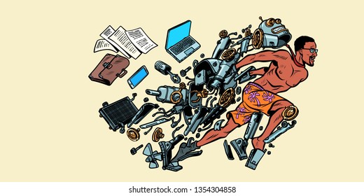 the robot turns into a human, artificial intelligence. afro american. New life. Computers and people. Pop art retro vector illustration vintage kitsch