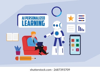 Robot Tutor Assistindo um estudante com lições personalizadas no laptop e no telefone celular, melhorando a educação individualizada 2d ilustração de vetor plana