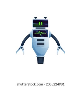 Robot with two grabs on hands, moving on one wheel isolated futuristic character. Vector friendly bot, modern kids toy, loader ai machine helper. Single wheeled artificial intelligence electronic bot