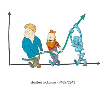 Robot and two men are trying to raise the performance of the company. Two men with a robot holding indicators and try to raise them.  