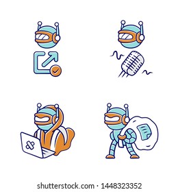 Robot types color icons set. Hacker, backlink checker, scraper. Artificial intelligence, AI. Voice recognition. Web optimization. Computer virus. Malicious robot. Isolated vector illustrations