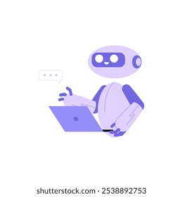 Roboter-Typisierung auf Laptop in flacher Vektorgrafik, die KI-Unterstützung, Datenverarbeitung und Fernarbeit symbolisiert, einzeln auf weißem Hintergrund