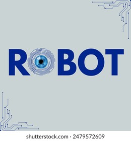 Robot typography abstract circle with eye word cloud text blue shining bold light typography blue greeting poster card banner, Technology concept