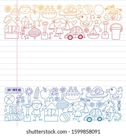 Robot, ufo, alien, car, airplane. Vector pattern. Doodle kids drawing style. Kindergarten preschool school children.