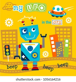 robot and ufo in the city funny cartoon,vector illustration